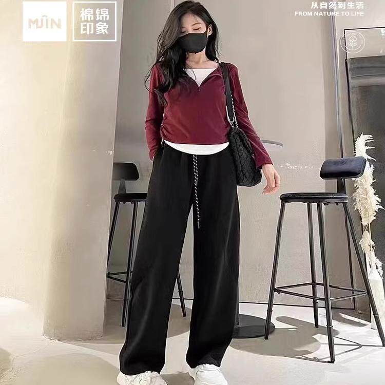 棉锦印象加绒防风裤2024冬季新款弯刀香蕉窄版阔腿休闲裤加厚款女