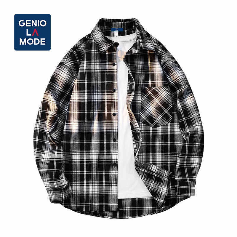 geniolamode美式复古黑白格子衬衫男长袖情侣秋季潮牌宽松外套