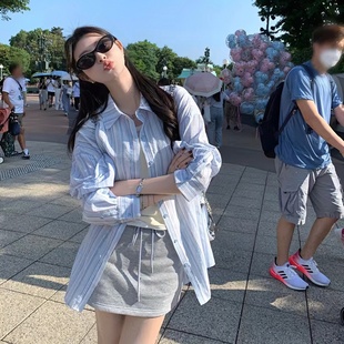 薄款 嬉皮～ 女装 2266条纹polo领长袖 宽松防晒休闲衬衣上衣② 衬衫