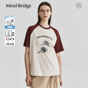 女士休闲撞色插肩袖 Mind 2026年春印花圆领短袖 纯棉 T恤 Bridge