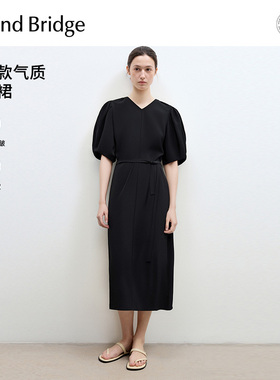 MB MindBridge女士黑色v领连衣裙夏季显瘦中长裙极简优雅收腰裙子