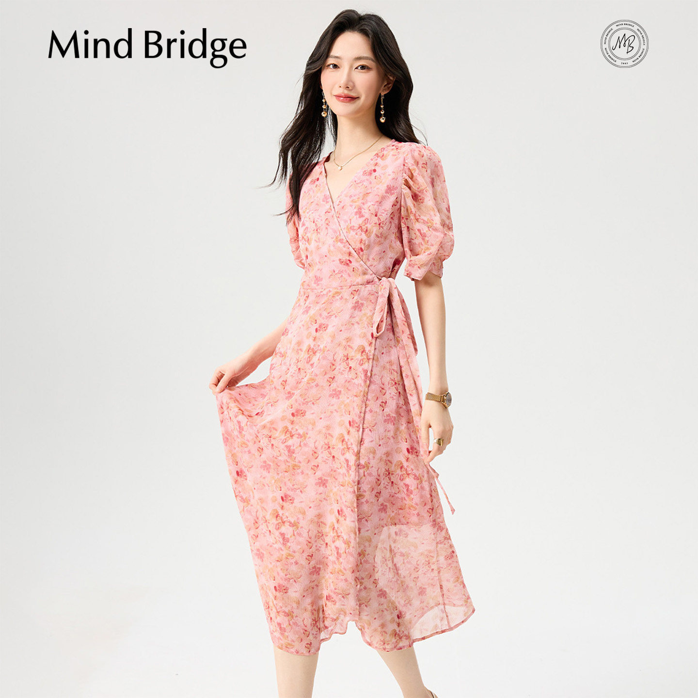 Mind Bridge女士法式V领茶歇裙2026年夏季收腰显瘦碎花裙中长裙子 - 实物图