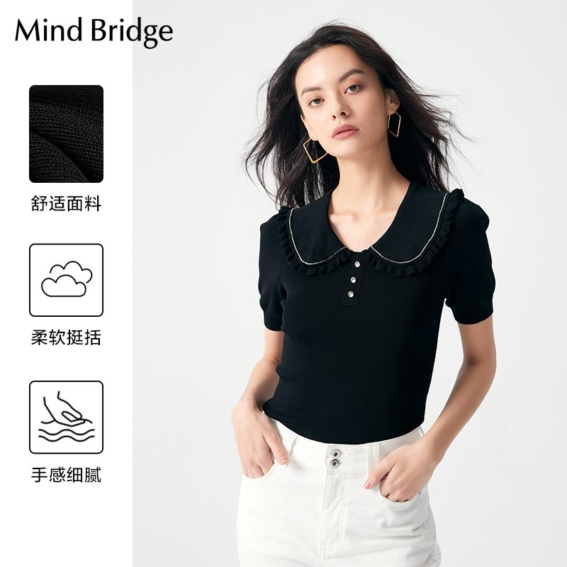 MB MindBridge百家好夏季女泡泡袖针织衫2023新款娃娃领短袖上衣