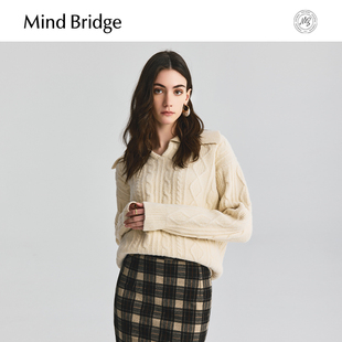 MindBridge女士复古翻领毛衣2025秋法式 宽松麻花上衣 慵懒风针织衫