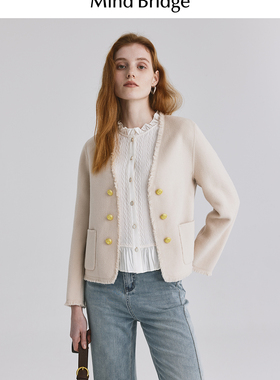 Mind Bridg老钱风流苏羊毛外套秋季V领美拉德上衣女士小香风外套