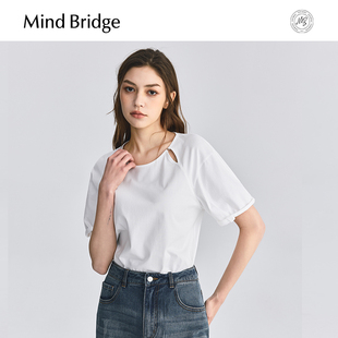 镂空上衣纯色简约圆领T恤 女士时尚 Mind Bridge2025夏设计感短袖