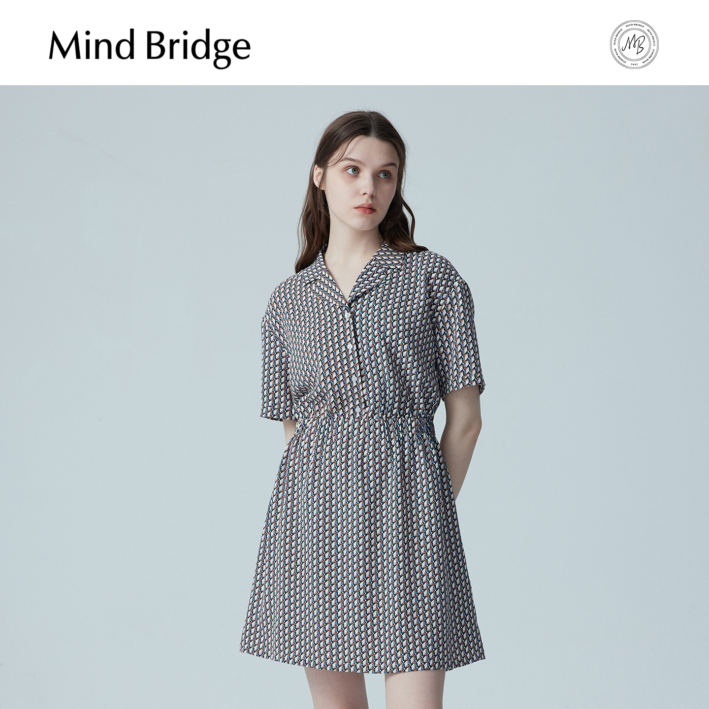 MB MindBridge百家好女士几何印花短袖连衣裙夏季复古西装领裙子