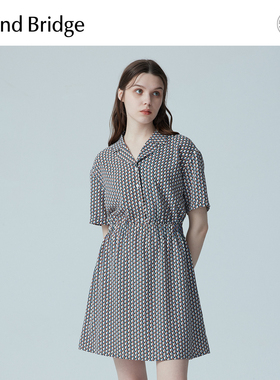 MB MindBridge百家好女士几何印花短袖连衣裙夏季复古西装领裙子