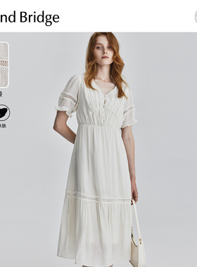 MB MindBridge夏季V领镂空连衣裙女士花边袖长裙法式复古气质裙子