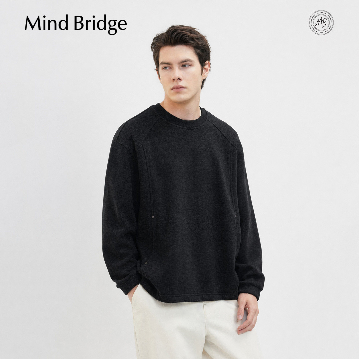 Mind Bridge2026秋季设计感解构长袖T恤男士纯色百搭休闲圆领卫衣