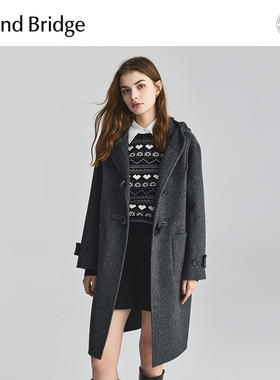 MB MindBridge2025年学院风牛角扣毛呢大衣冬季女连帽羊毛外套
