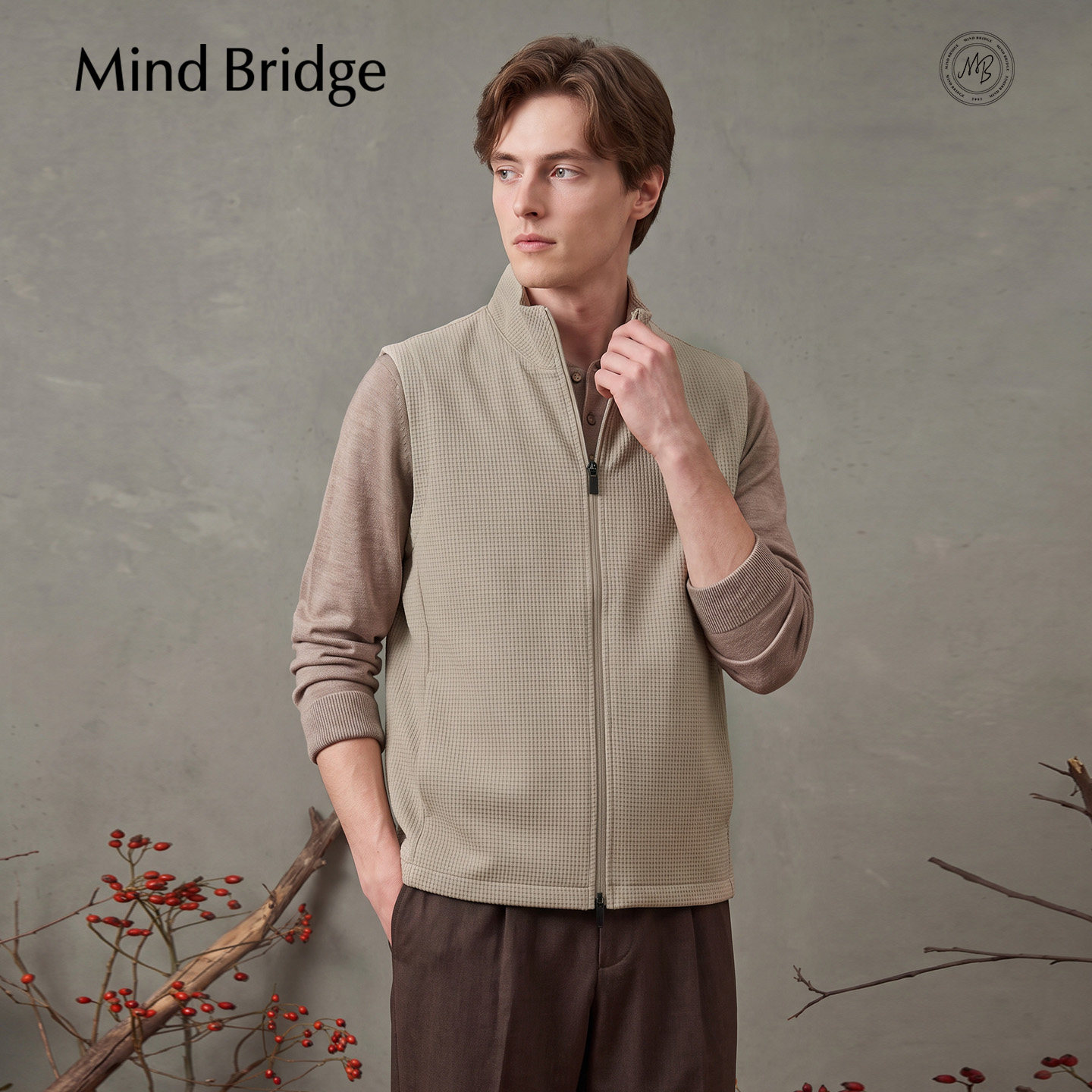 MindBridge2026秋季华夫格纯色马甲男士复古立领马夹休闲背心外套
