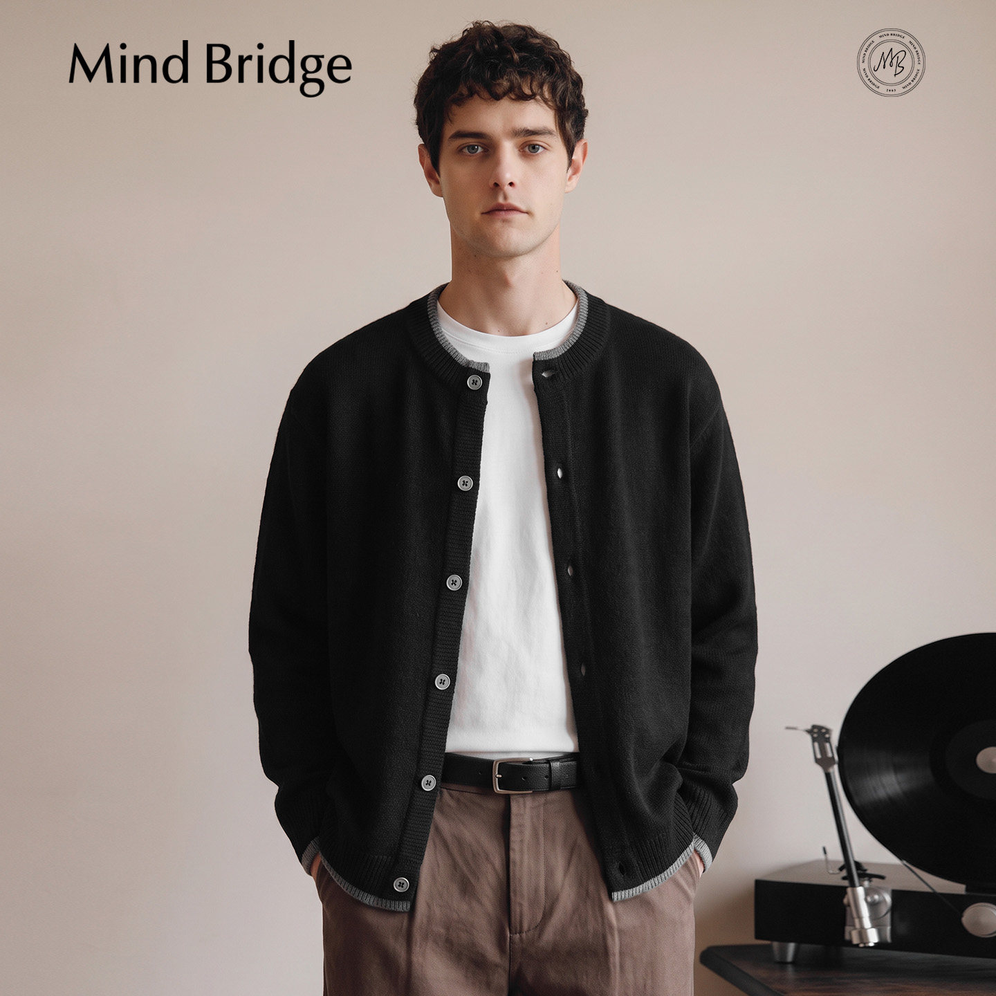 MindBridge男士假两件圆领毛衣开衫2026冬季纯色休闲百搭针织外套