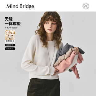 白色新款 MindBridge 25年冬季 女士圆领毛衣针织羊毛绒衫 山羊绒
