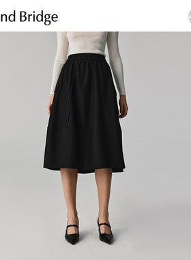 MB MindBridge女士复古半身裙2025新款工装中长款裙子秋黑色A字裙