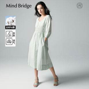 A字裙女士V领收腰长袖 Mind 2026年春中长款 纯棉 连衣裙 Bridge