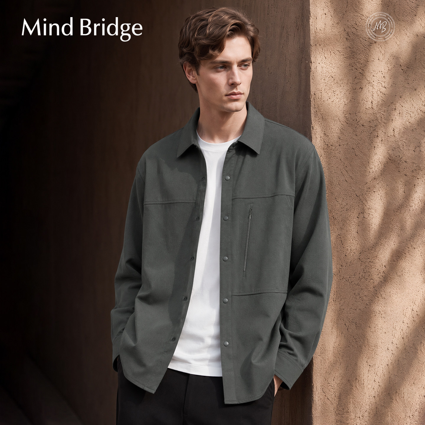 Mind Bridge衬衫式外套男2026秋季简约日系复古纯色长袖男士衬衣