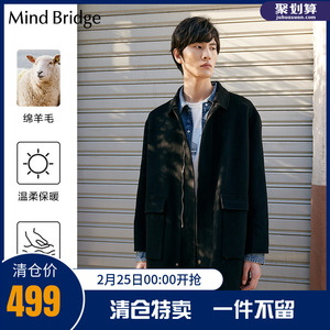 MB MindBridge百家好中长款黑色毛呢大衣男2023新款冬季韩系外套