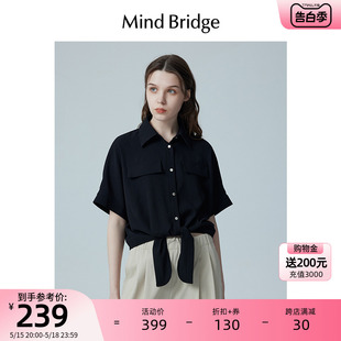 女士通勤翻领上衣设计感衬衣 黑色绑带短袖 衬衫 Mind Bridge夏季