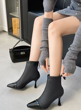 冬季新款品味十度88010金属装饰尖头细跟短靴女后拉链气质时装靴