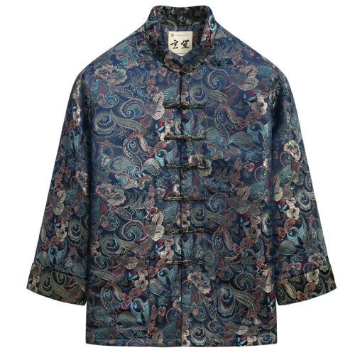 玄笙唐装男牡丹花提花棉服