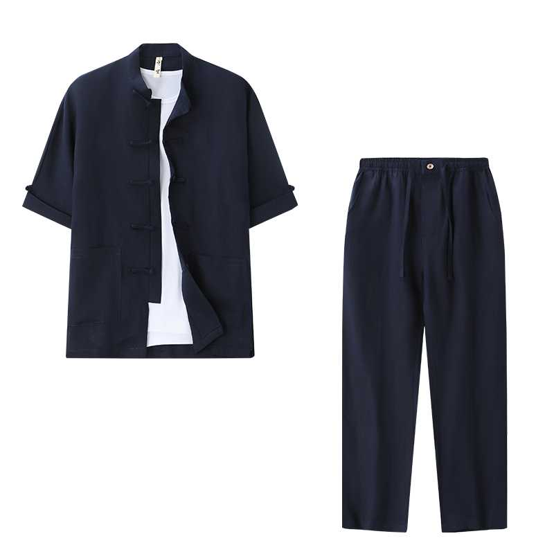 中国风100%亚麻短袖衬衫套装男夏季宽松薄款上衣立领复古休闲半袖,男装,休闲运动套装,淘宝优惠券,粉丝福利购,淘宝优惠卷