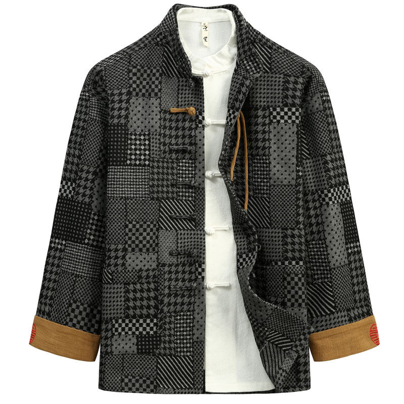 秋季唐装男中式国潮手工盘扣牛仔外套男复古方块提花中国风上衣男,男装,唐装,淘宝优惠券,粉丝福利购,淘宝优惠卷