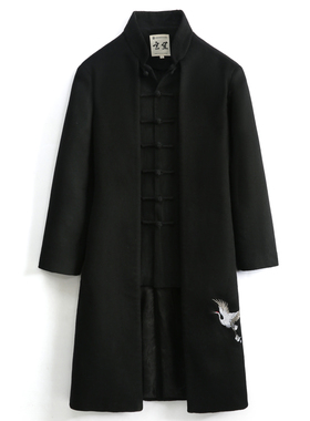 冬季新款唐装男中国风男装中长款毛呢大衣男黑色刺绣假两件外套