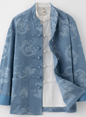 春季唐装男中式改良手工盘扣纯棉牛仔外套复古宽松龙纹提花中国风