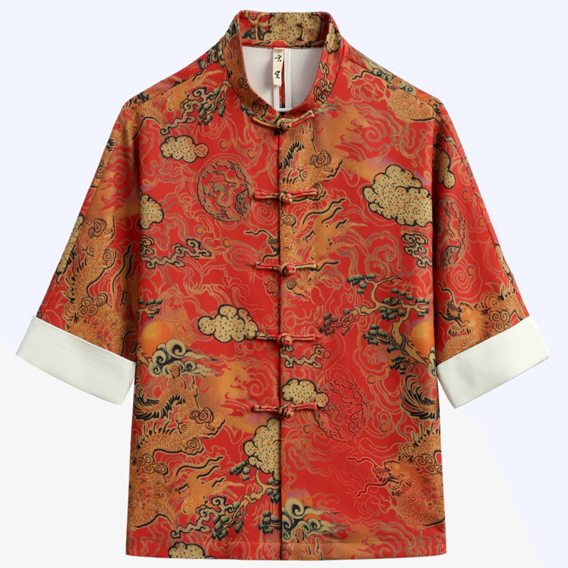 夏季唐装男中式改良手工盘扣七分袖上衣男士中袖国潮印花衬衫男,男装,唐装,淘宝优惠券,粉丝福利购,淘宝优惠卷