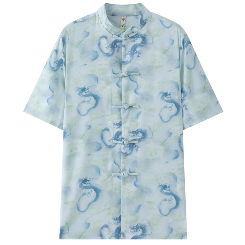 《断码清仓》男夏季短袖龙纹印花宽松时尚中国风复古盘扣上衣男