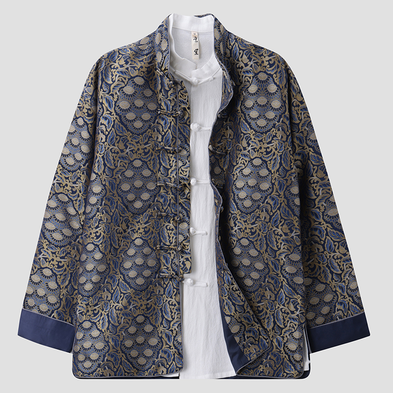 唐装男春秋季中国风立领宽松外套新中式国潮复古九子菩提印花上衣