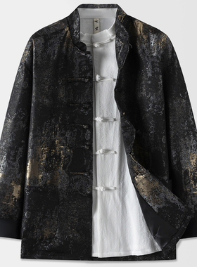 春秋款唐装男中国风黑色鎏金国潮外套男中式手工改良盘扣迷彩上衣