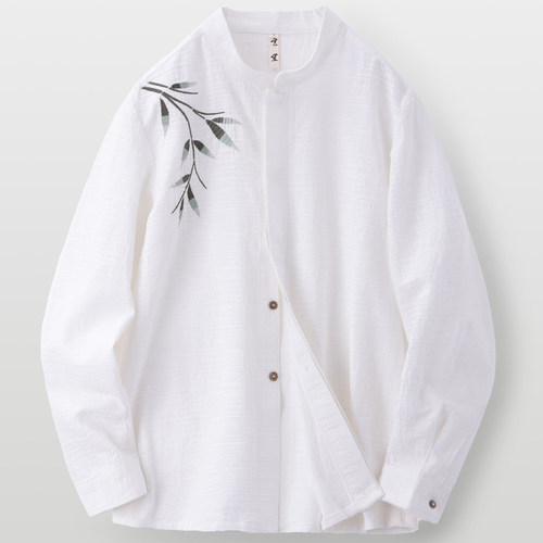 春季唐装衬衫男中国风棉麻新中式改良复古国潮立领竹叶刺绣衬衣男
