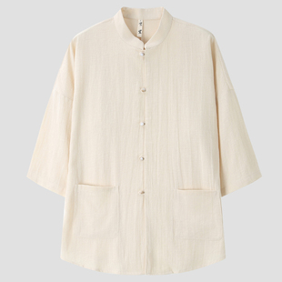 亚麻衬衫 立领七分袖 男短袖 宽松新中式 衬衣棉麻上衣 夏季 中国风薄款