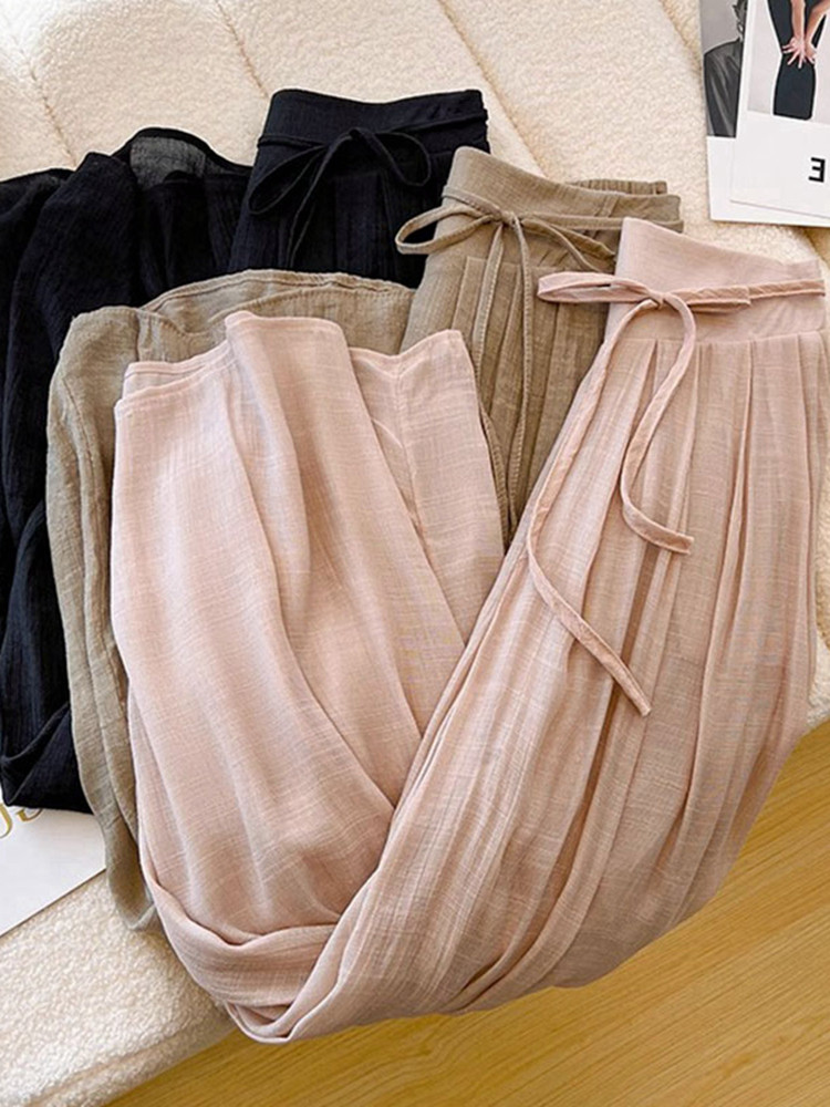 2024 NEW WOMENS SUMMER THIN PANTS HIGH WAIST DRAP STRAIGHT LEG PANTS PINK ICE SILK WIDE LEG CASUAL PANTS SMALL MAN