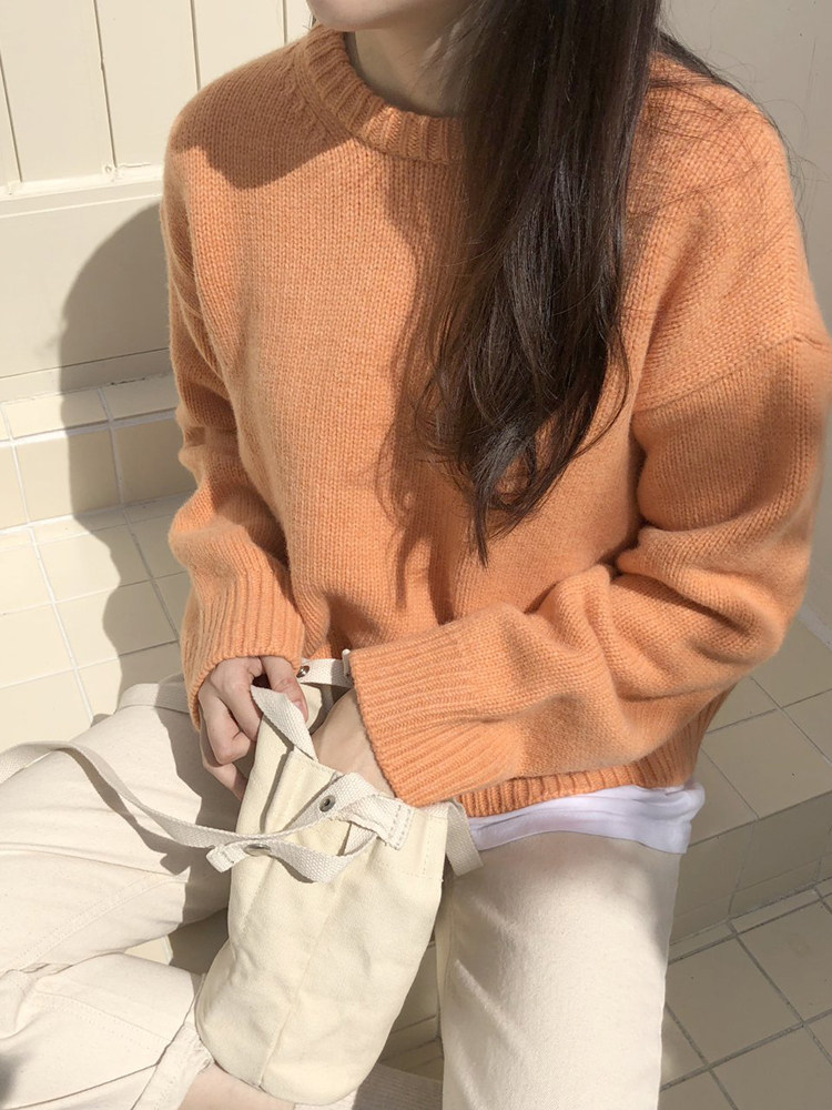 AUTUMN AND SPRING KOREAN CANDY COLOR SWEET AND CUTE LAVENDER ROUND NECK THICKENED WOOL THICK KNITTED PULLOVER ROUND NECK SWEATER WOMEN