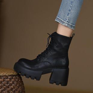8.5cm高跟鞋 新款 厚底女靴子 系带马丁靴黑色粗跟短靴秋冬季 misili