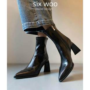SIXWOO 尖头软皮瘦瘦靴高跟显瘦短靴女侧拉链真皮气质感靴子冬季