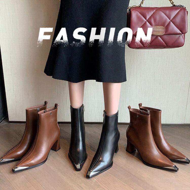 牛皮法式尖头粗跟短靴女鞋气质时装靴踝靴金属装饰高跟真皮马丁靴