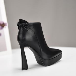 高跟鞋 misili 新款 粗跟短靴2025秋冬季 尖头厚底真皮女靴子 11.7cm