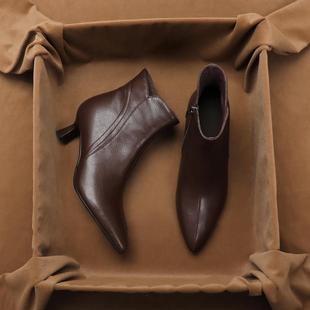 月月家超软羊皮法式 加绒真皮细跟高跟靴子 尖头短靴女2025秋冬新款