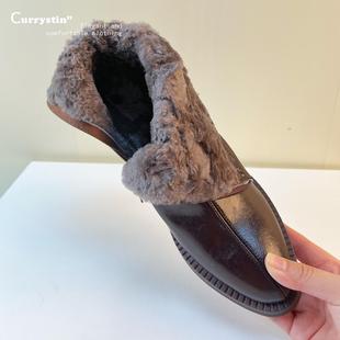 复古棕色真皮靴子女冬加绒马丁靴气质高跟尖头短靴皮毛一体雪地靴