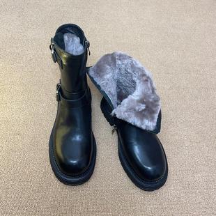 真皮雪地靴女皮毛一体废土风加绒马丁靴冬季 保暖短靴东北大棉冬靴