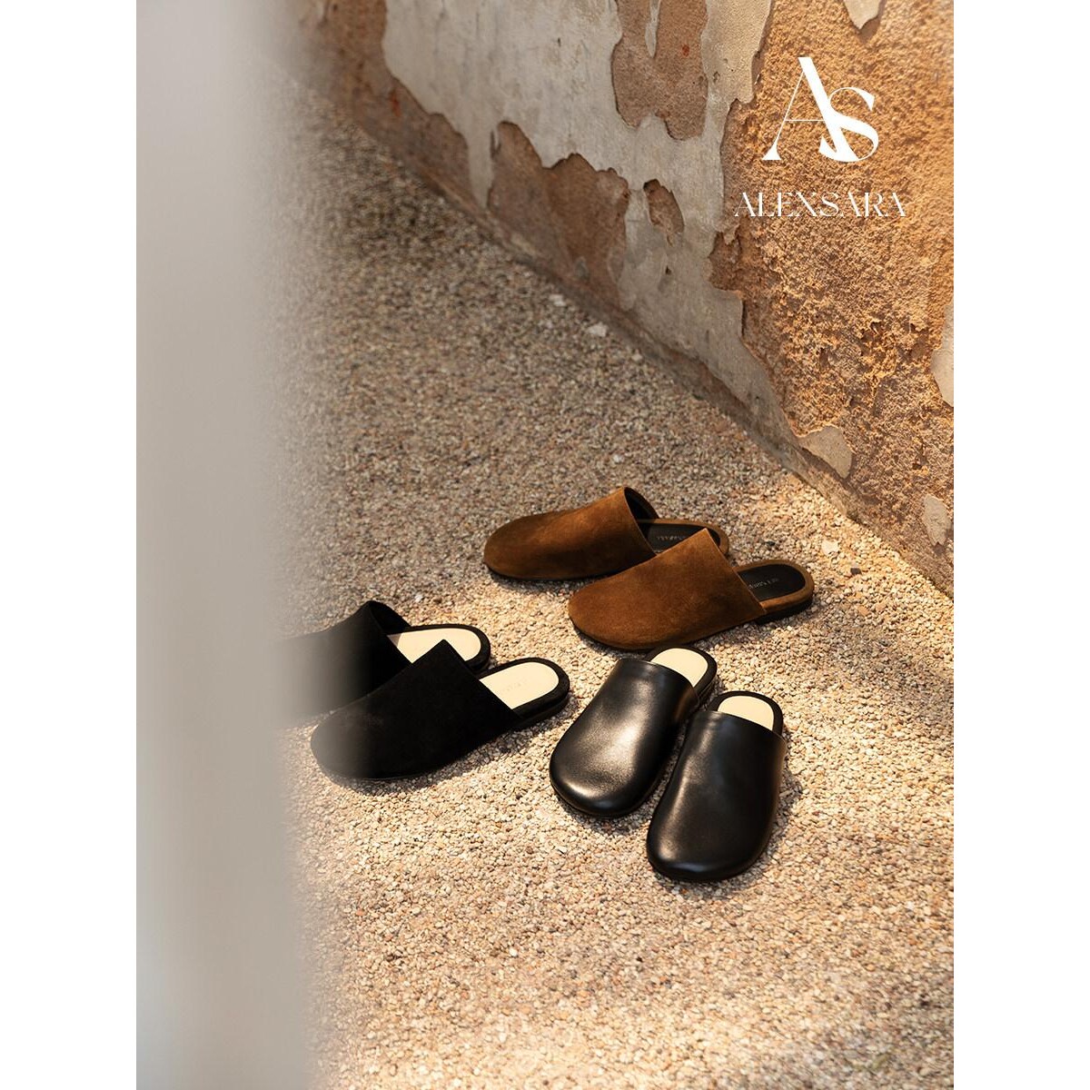 ALEXSARA 2025秋冬新款 包头羊皮麂皮平底勃肯半拖鞋舒适平跟拖鞋