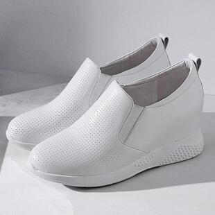 北西迪9CM真皮内增高小白鞋女鞋运动风百搭白色休闲春夏镂空单鞋