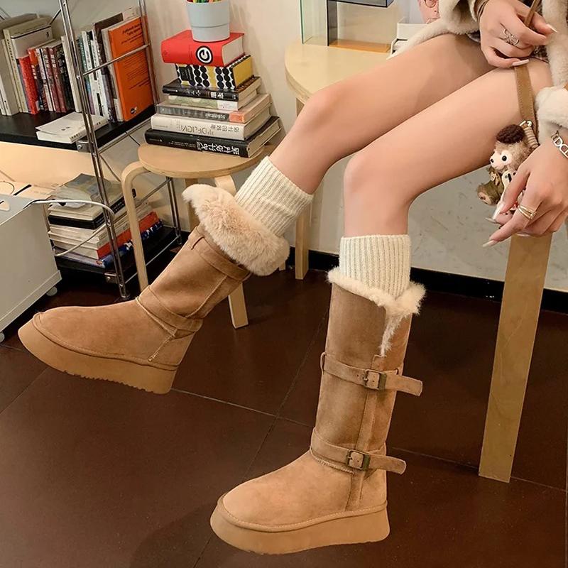 YMYH雪地靴长筒秋冬新款皮毛一体两穿灰色骑士靴皮带扣保暖棉鞋