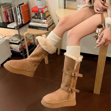 YMYH雪地靴长筒秋冬新款皮毛一体两穿灰色骑士靴皮带扣保暖棉鞋