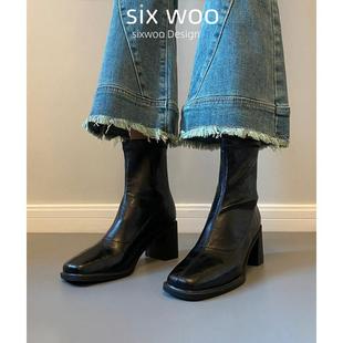 SIXWOO 静音底短靴通勤高跟弹力瘦瘦靴秋冬软底体制内复古粗跟靴