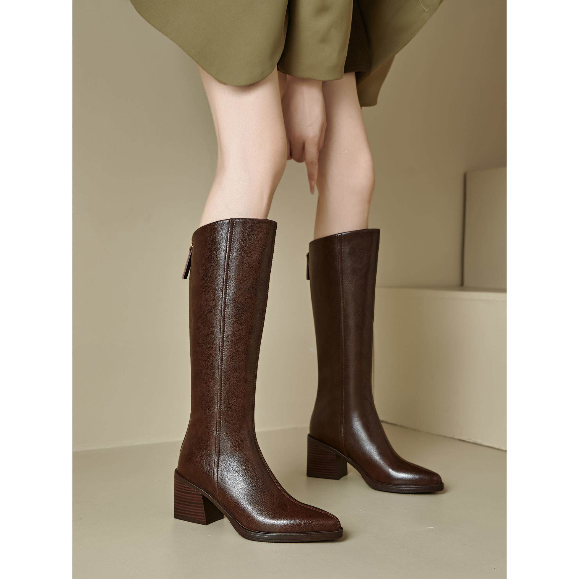 全牛皮棕咖色尖头长筒靴女25新款真皮高筒骑士靴粗高跟爆款靴子41